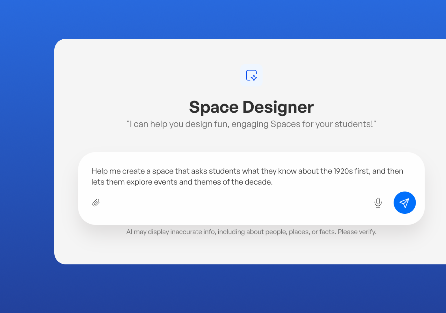 SchoolAI Space Designer showing teacher controls for a learning activity
