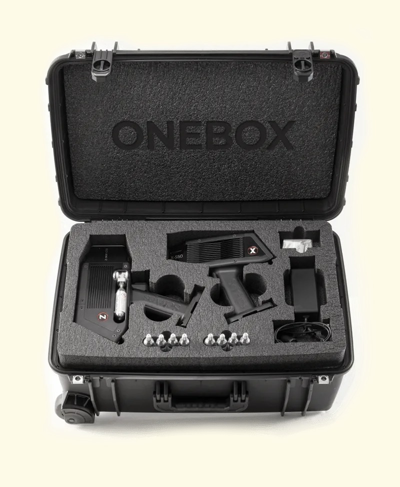 An open SciAps OneBox equipment case holding XRF and LIBS analyzers and accessories