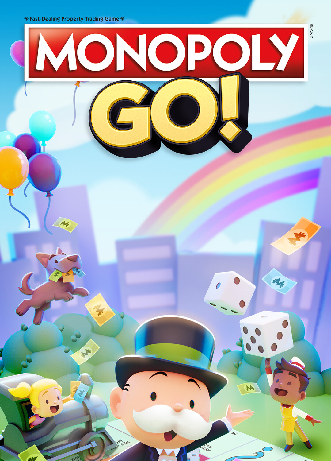 Colorful official MONOPOLY GO! game artwork with Mr. Monopoly, dice and characters