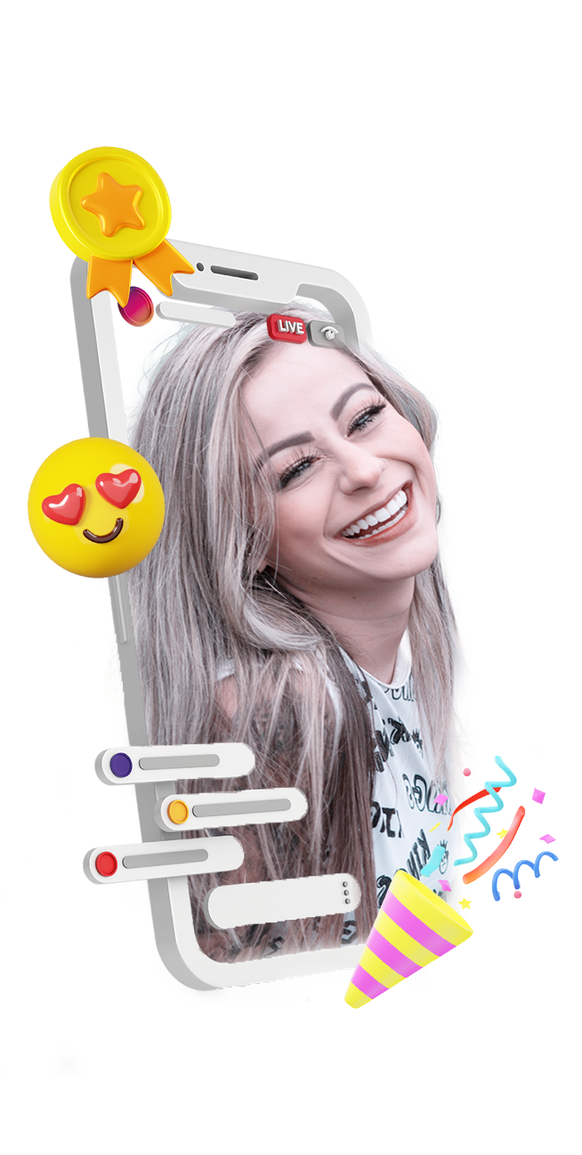 Scorp promotional illustration of a live-video phone interface with reactions and gift symbols