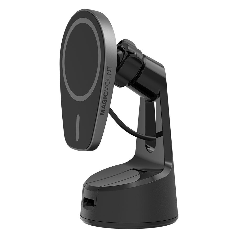 Scosche MagicMount wireless charging mount attached to a car windshield and dashboard