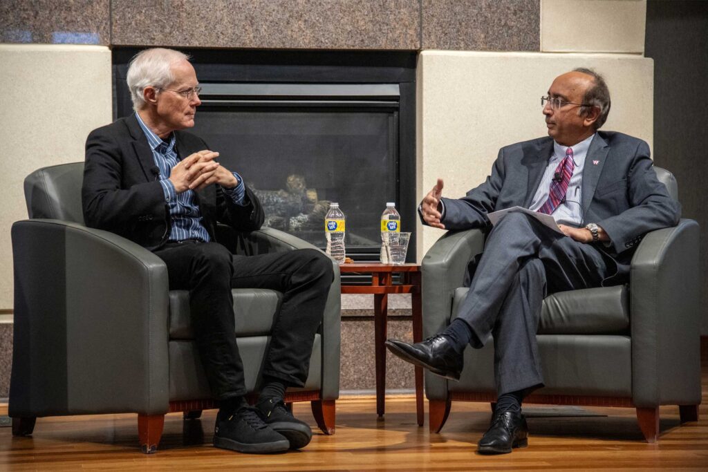 Scott Cook in conversation with Wisconsin School of Business dean Vallabh Sambamurthy at a leadership event