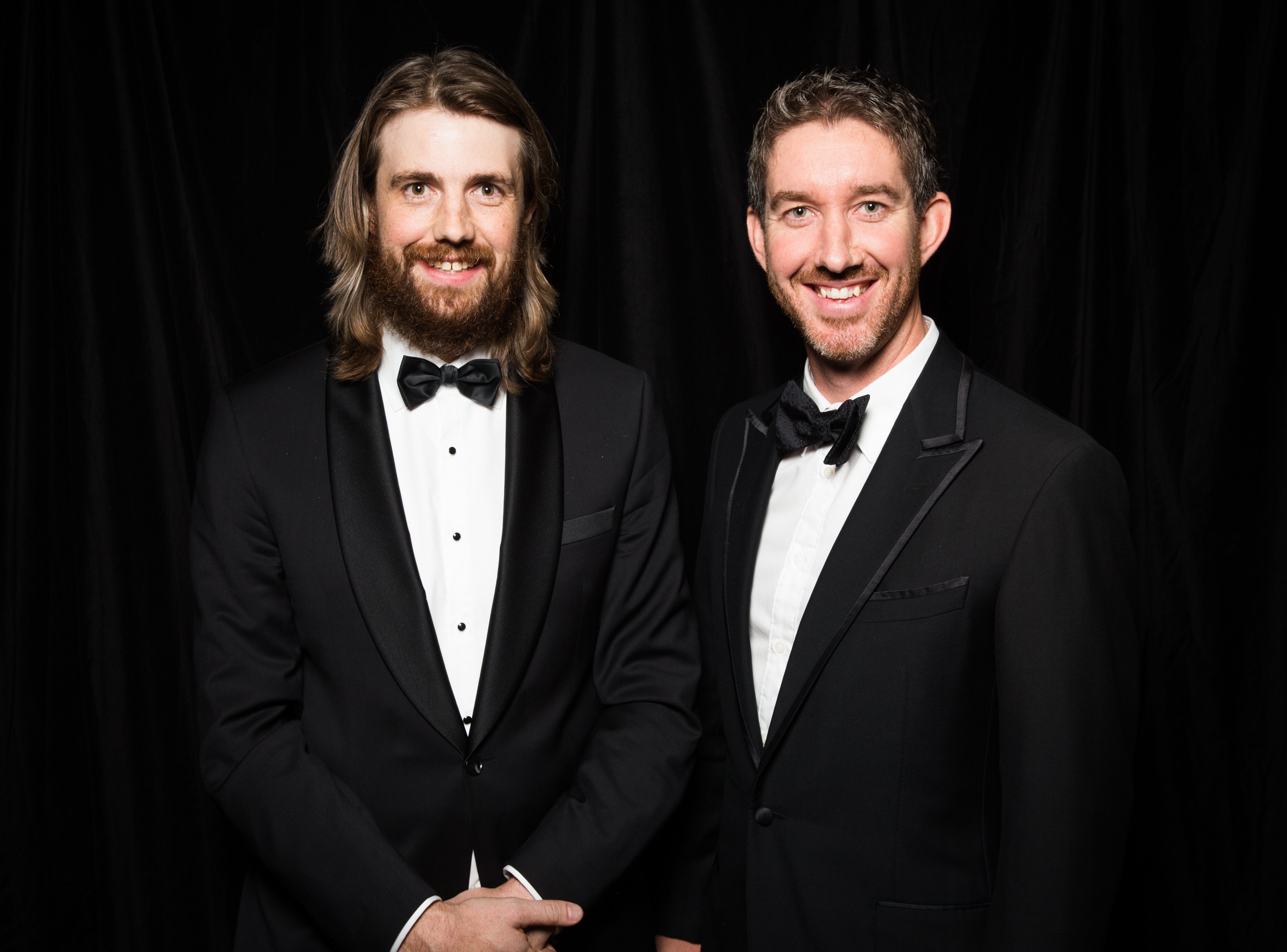 Mike Cannon-Brookes, left, and Scott Farquhar, right, wearing dinner jackets