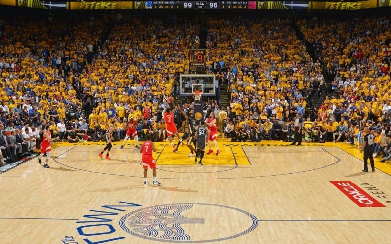 The basketball floor from the Raptors’ 2019 championship-clinching game, pictured in the We The West announcement