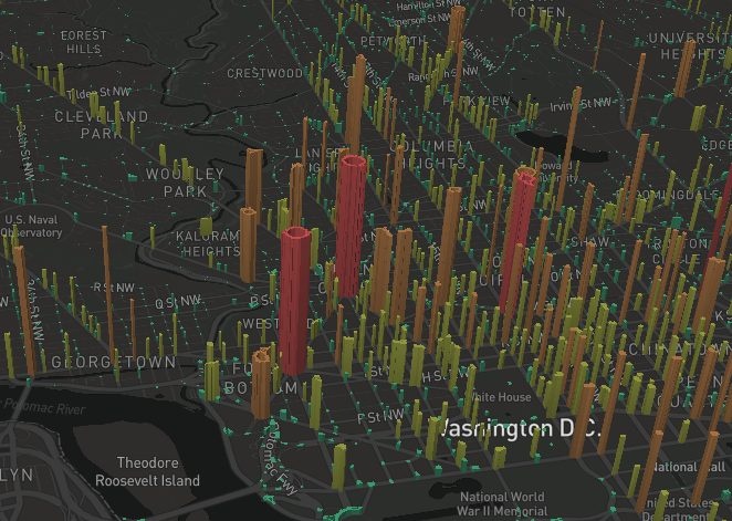 An early Lovelytics visualization showing vertical data columns across a map of Washington, D.C.