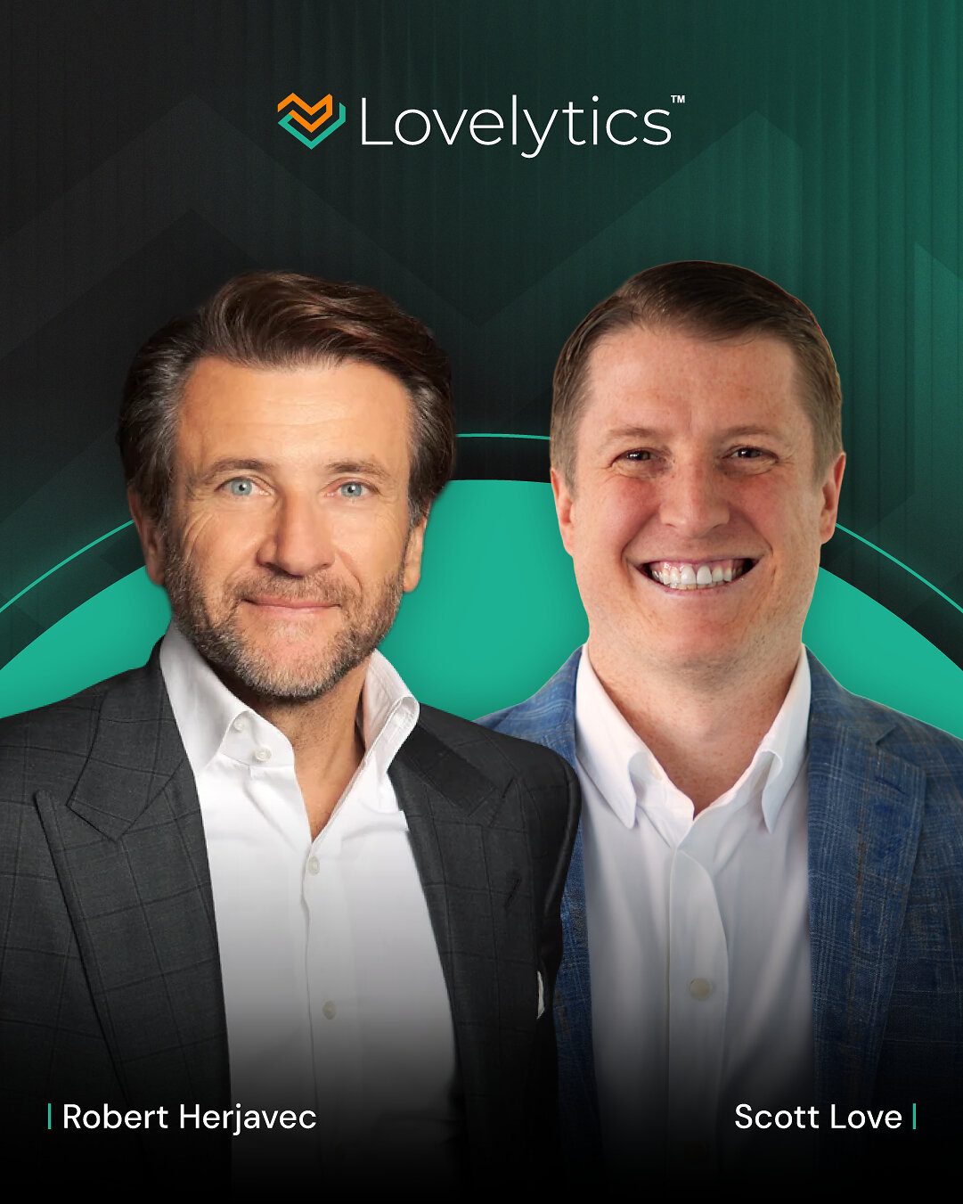 Investment announcement artwork pairing Robert Herjavec on the left and Scott Love on the right