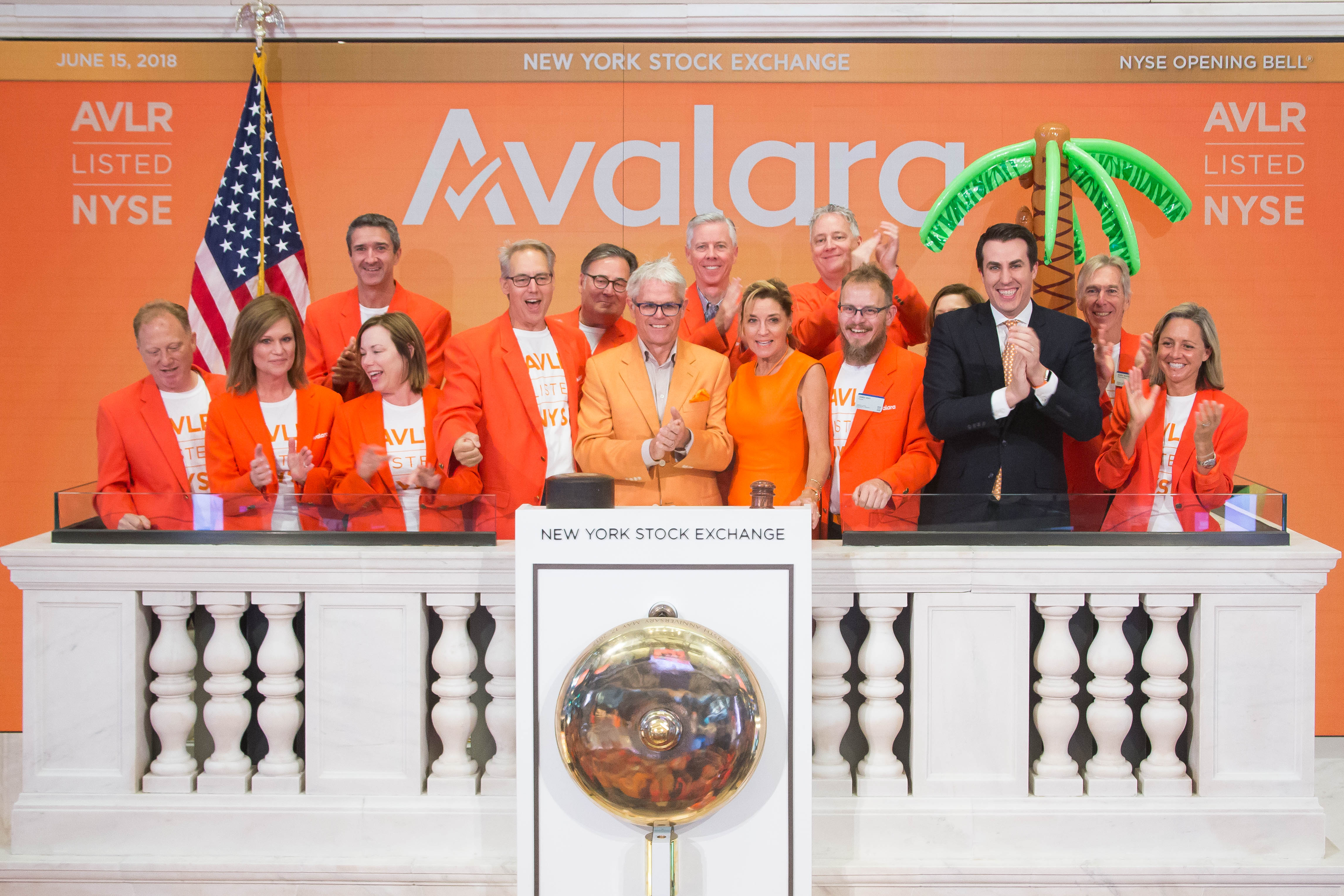 Scott McFarlane and Avalara colleagues at the New York Stock Exchange opening bell in June 2018