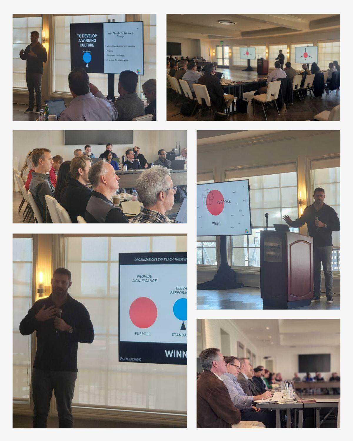 Centroid collage showing Garrett Unclebach presenting and colleagues seated at the 2025 Newport Beach sales kickoff