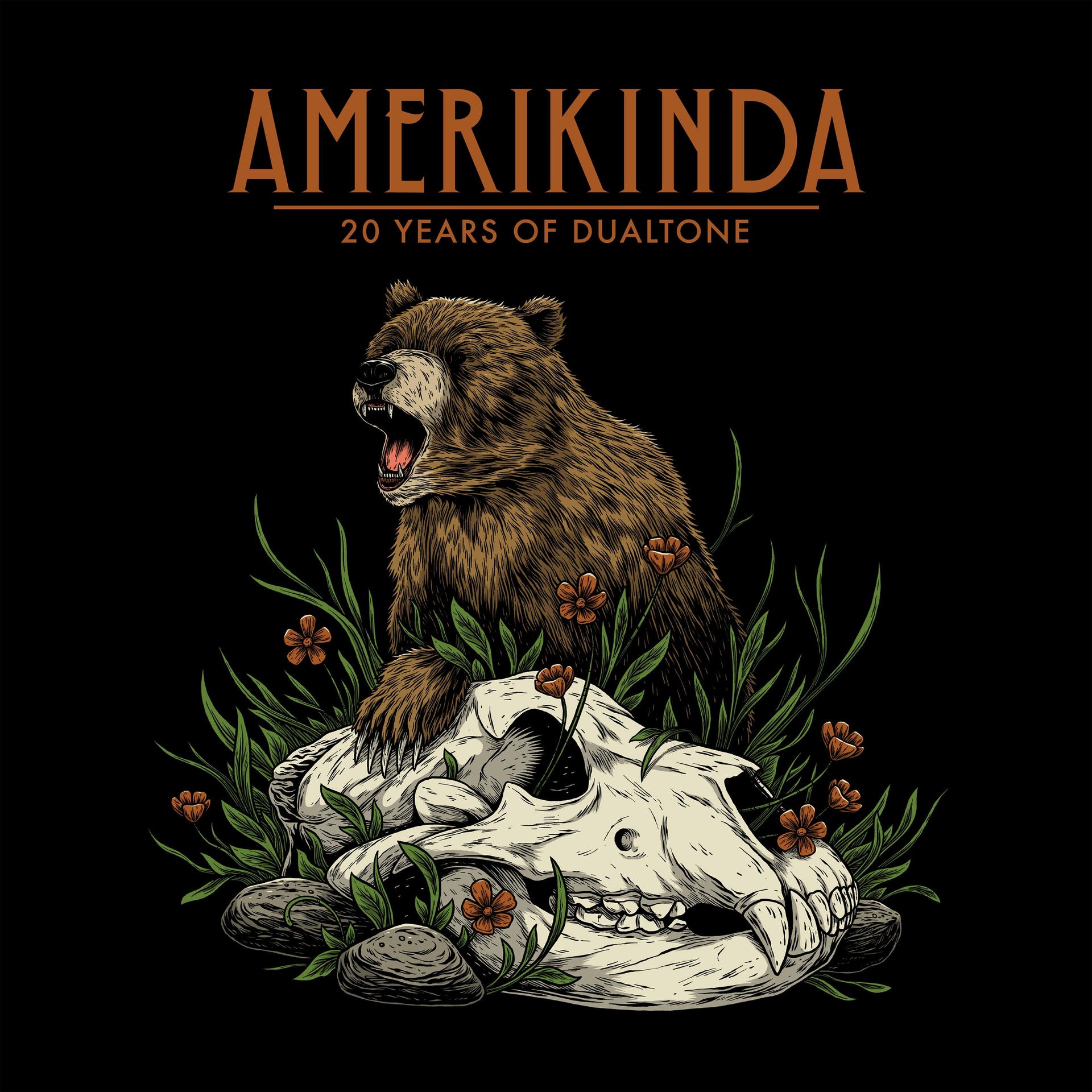 Amerikinda: 20 Years of Dualtone cover art featuring an illustrated bear above an animal skull