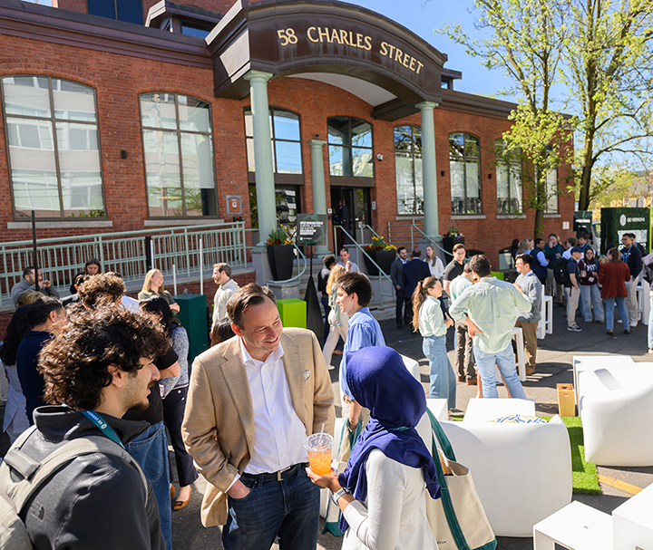 Scott Strazik speaking with interns outside GE Vernova’s Cambridge headquarters