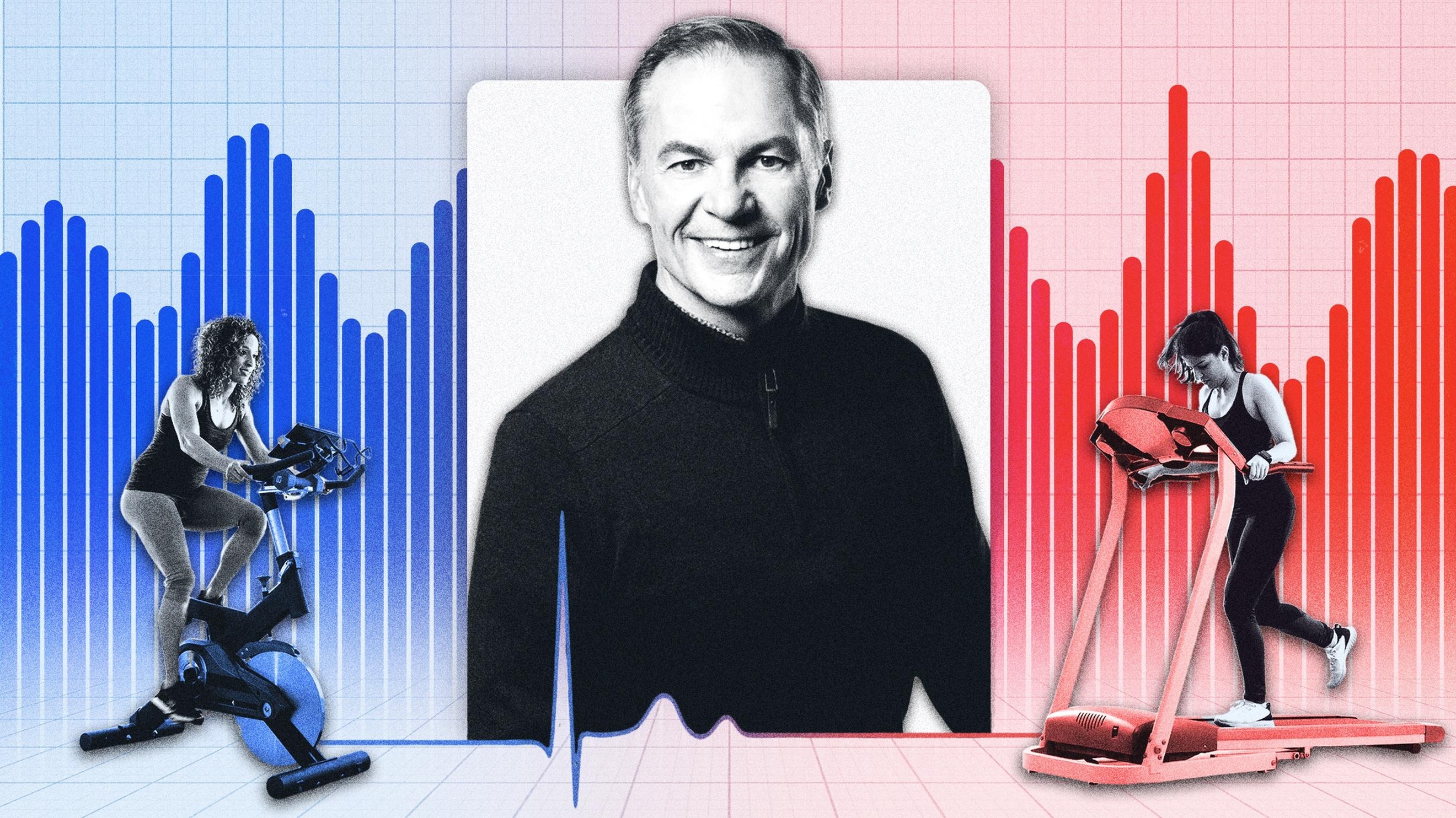 Editorial composite of Scott Watterson between a cyclist and a treadmill runner, with blue and red graphic backgrounds