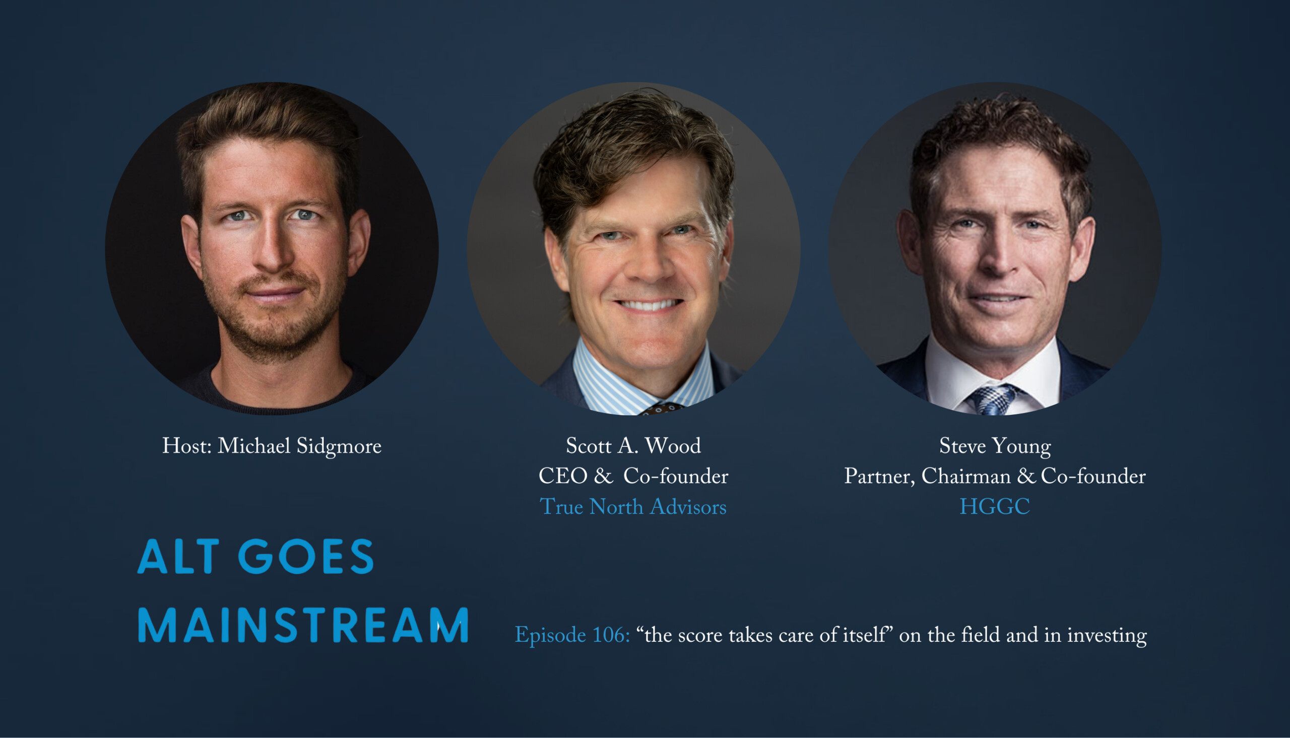 Podcast graphic showing host Michael Sidgmore, Scott Wood and Steve Young for episode 106 of Alt Goes Mainstream
