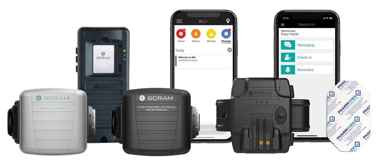 SCRAM alcohol, house arrest, GPS, breath testing, mobile app, and PharmChek patch products