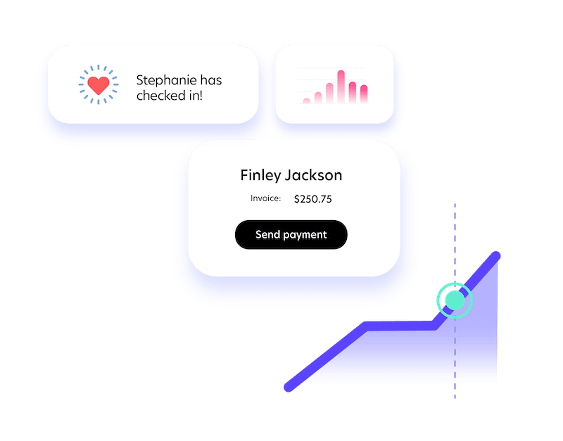 Scratch marketing illustration showing a check-in notification and a digital invoice payment request