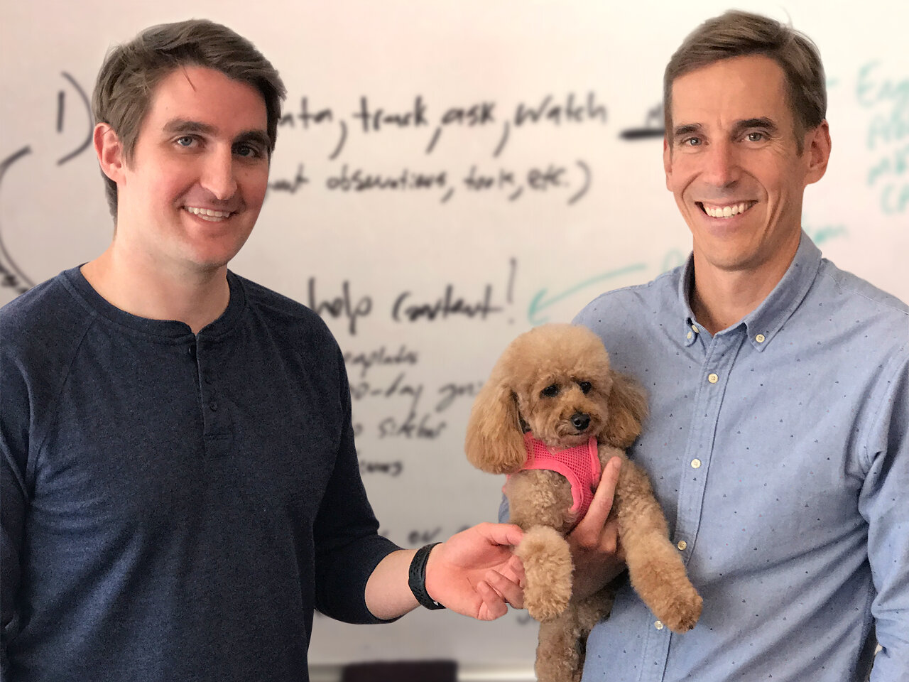 Scratch co-founders Caleb Morse on the left and John Keatley on the right, with office poodle Penny