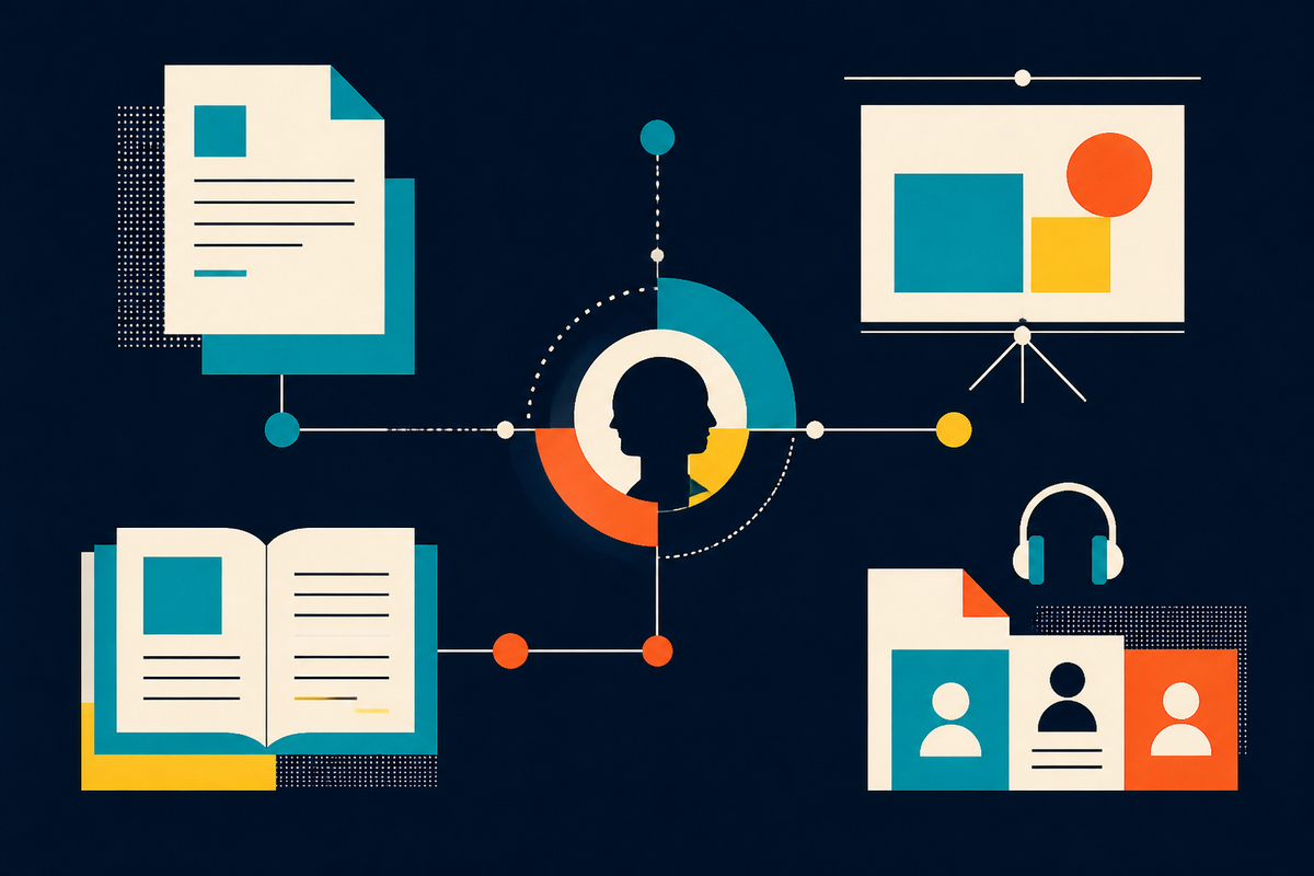 Abstract Swiss-style illustration connecting documents, presentations, books, audio and readers
