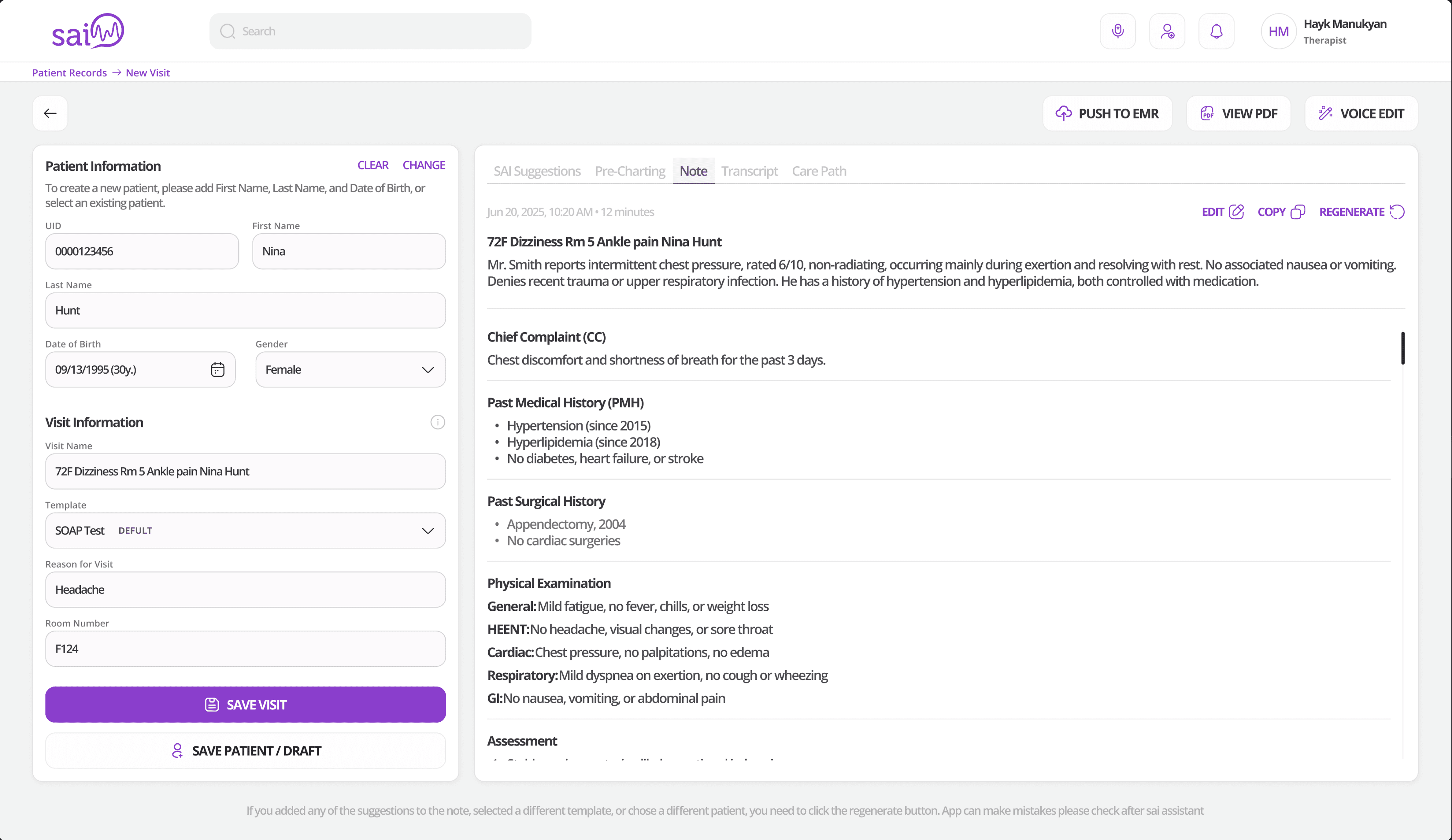 SAI application showing an encounter workspace and structured clinical note