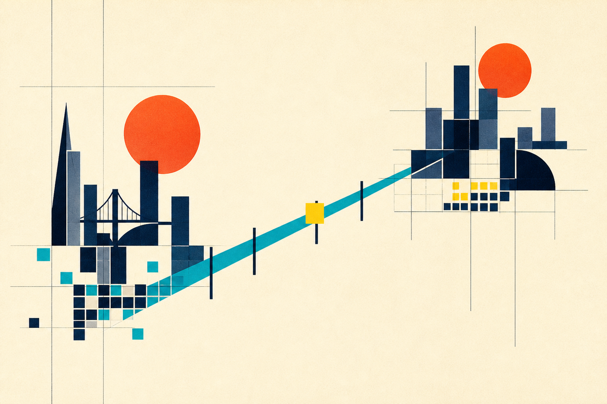 Abstract geometric illustration of two city systems connected by a teal route