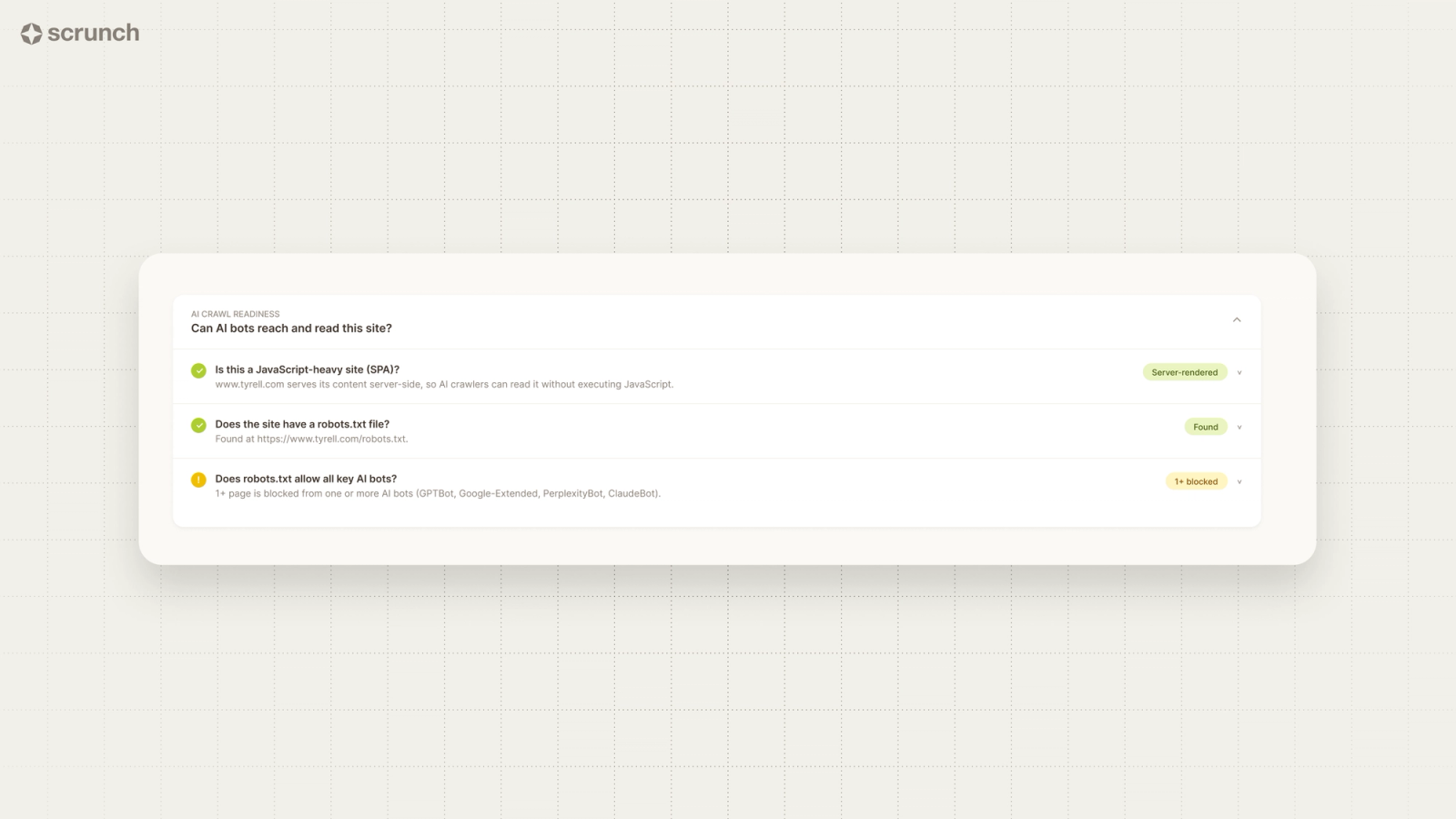 Scrunch crawl readiness audit checking server rendering, robots.txt and AI bot access