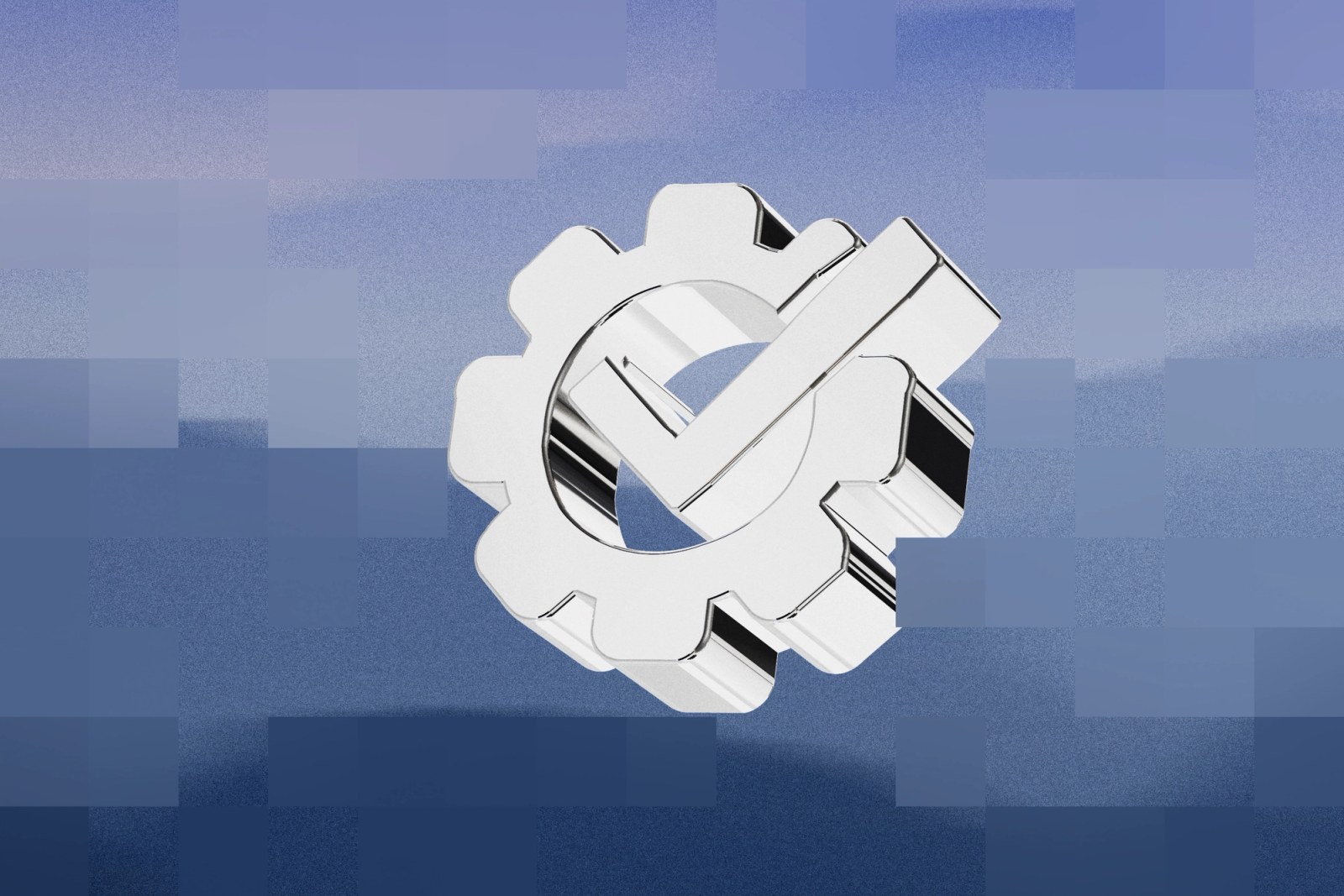Chrome gear and checkmark against a pixelated sky