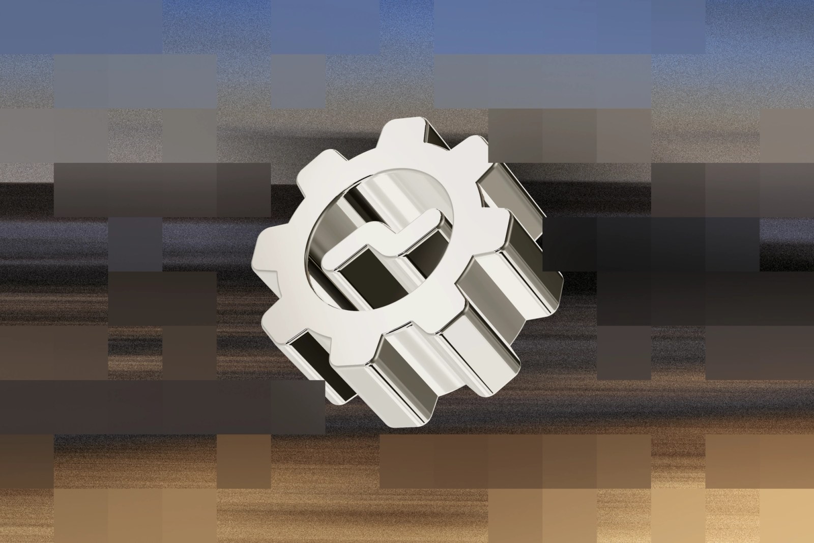 Chrome gear with a share icon over a horizon