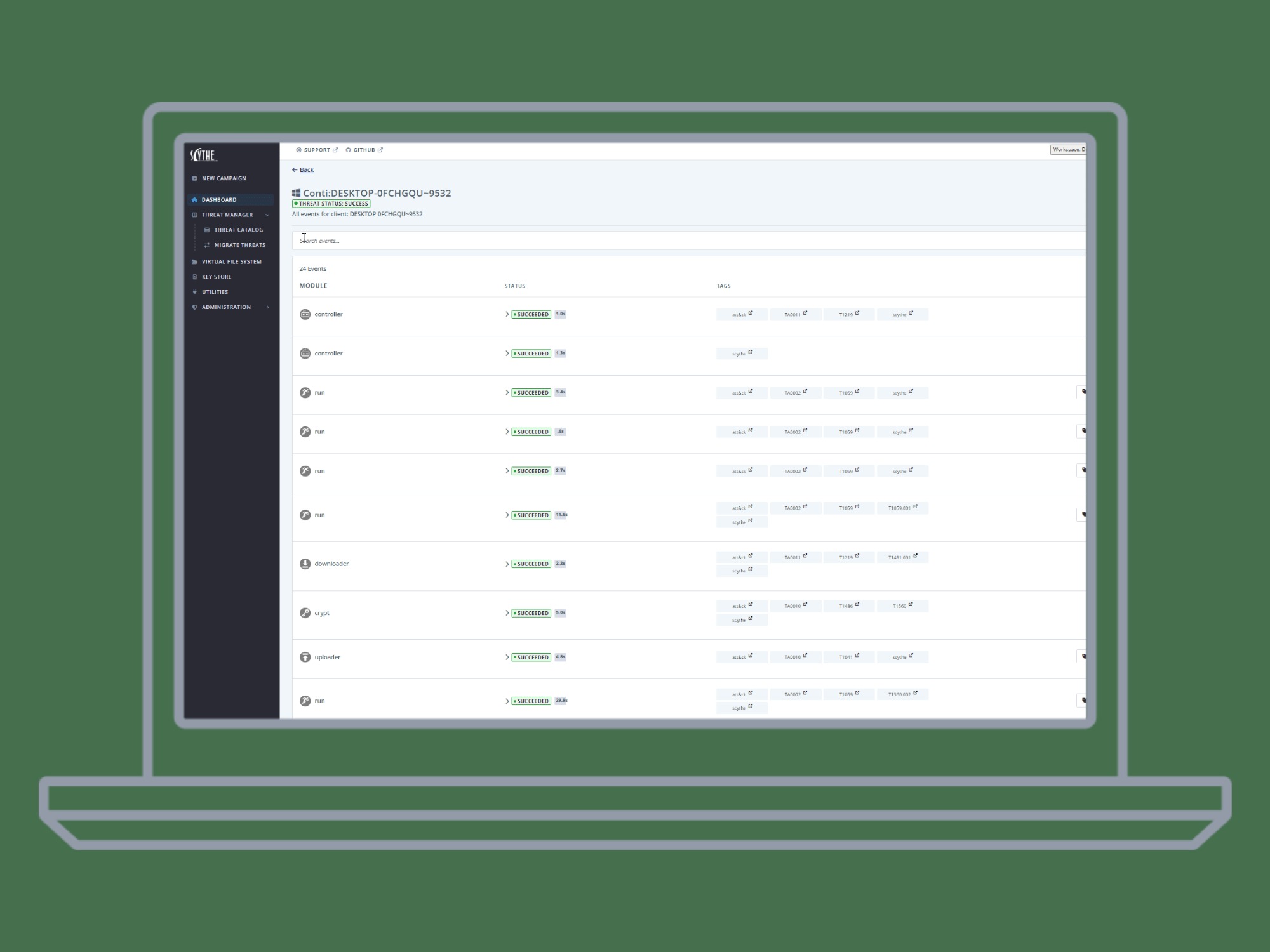 SCYTHE platform showing a successful adversary-emulation campaign with individual MITRE ATT&CK-tagged events