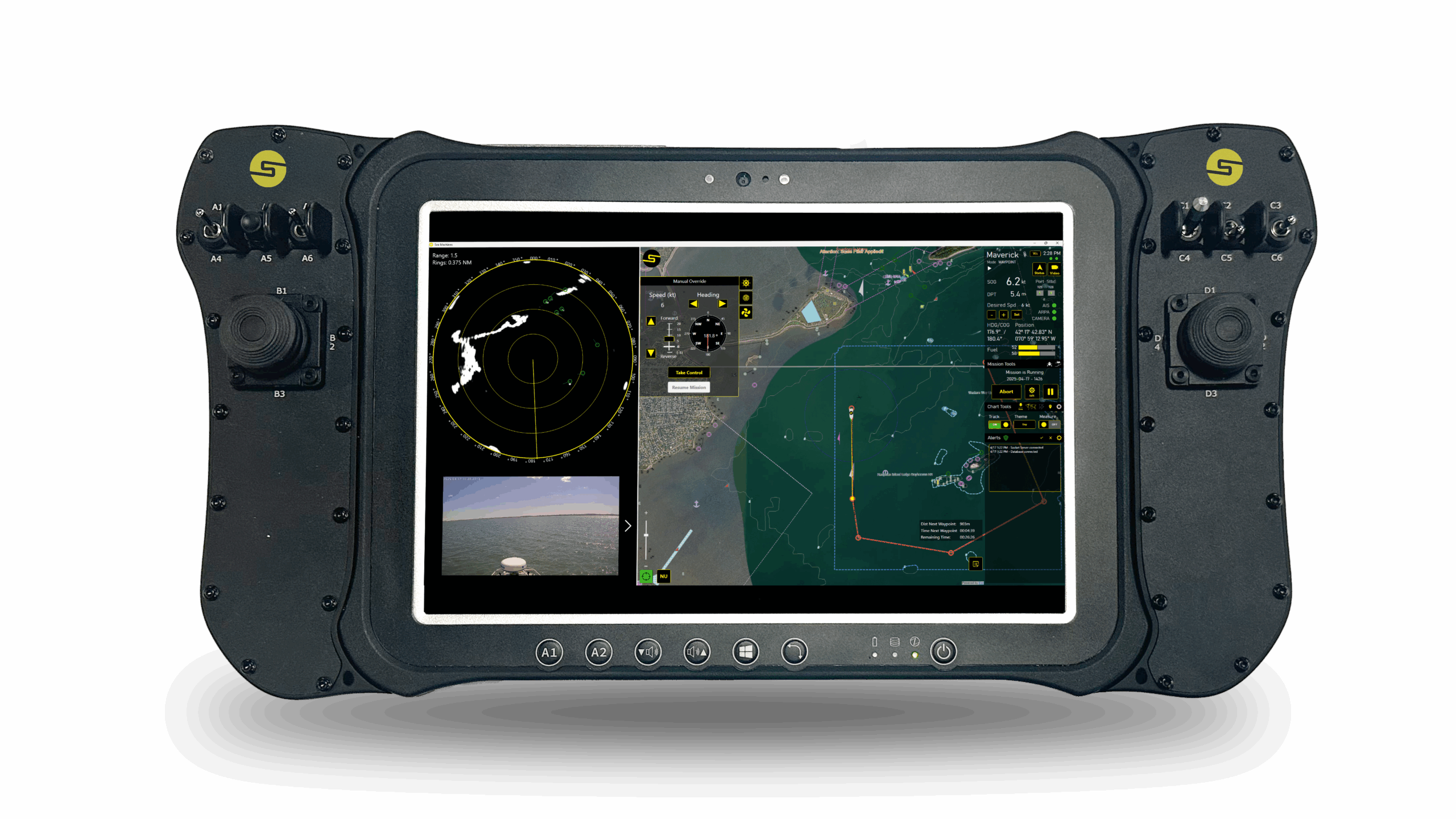 Sea Machines Robotics rugged autonomous command and control console displaying a live vessel navigation interface