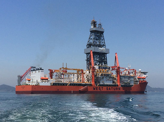 Seadrill’s orange-hulled West Saturn drillship at sea