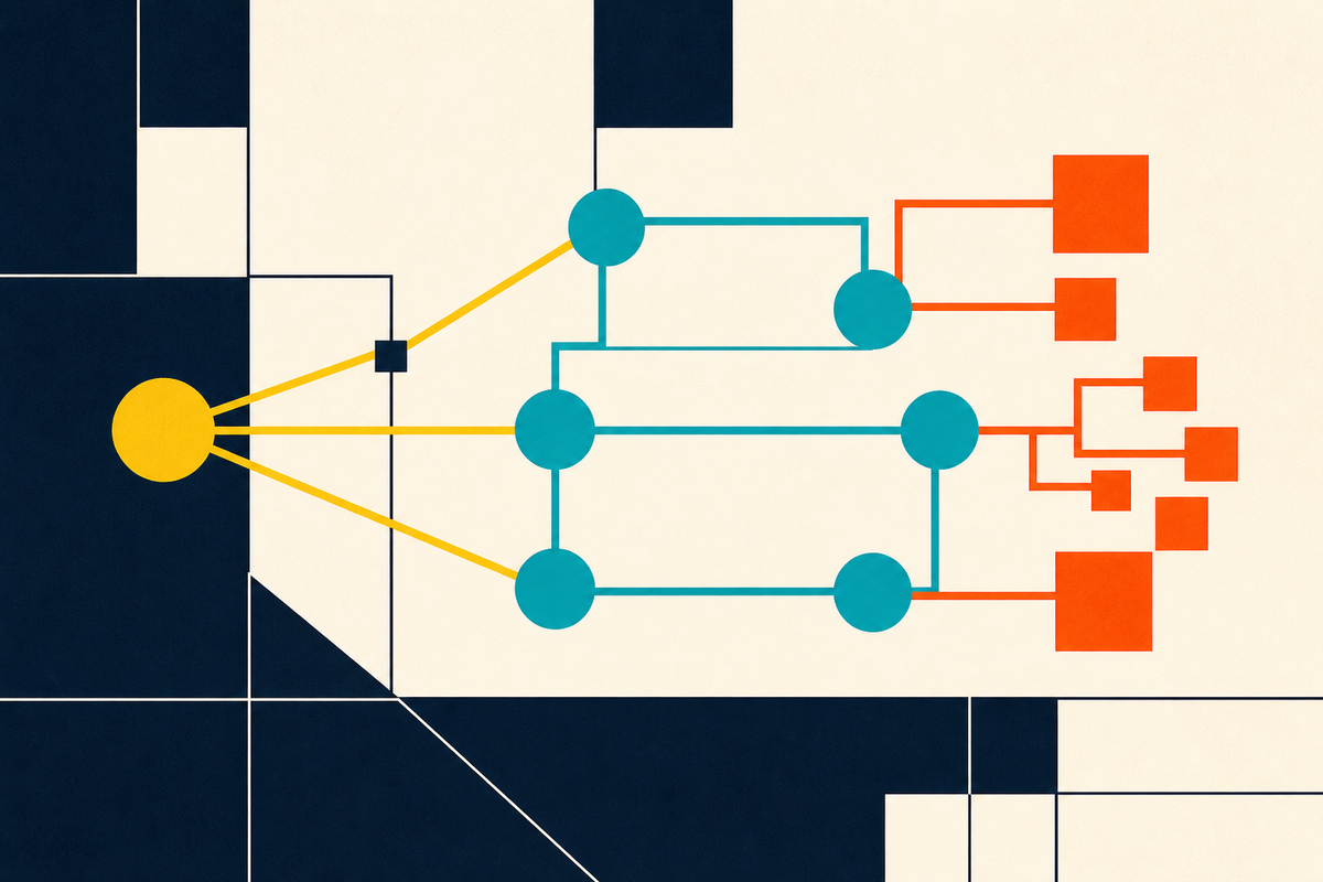 Abstract geometric network showing capital moving through healthcare nodes to communities