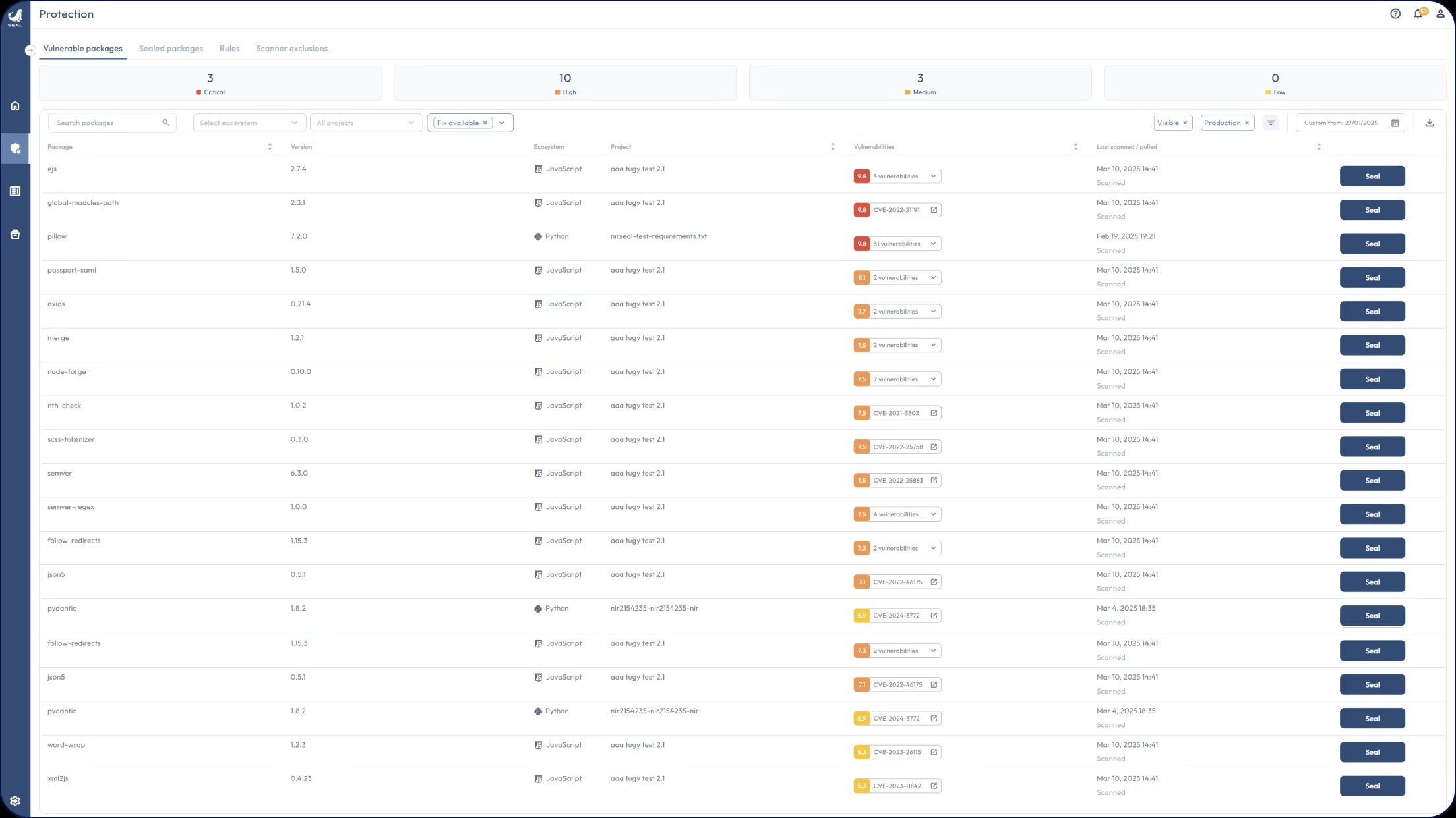 Seal dashboard showing an ejs package and a rule to select a patched version