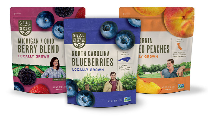 Three colorful bags of Seal the Seasons frozen fruit from different U.S. regions