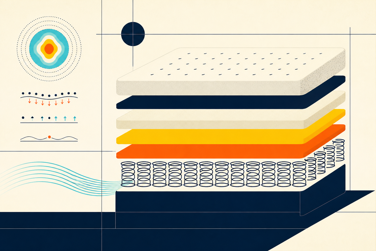 Abstract exploded mattress layers, coils and pressure diagrams in a Swiss poster style