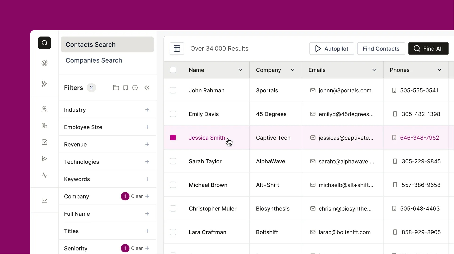 Seamless contact search interface with company and contact filters