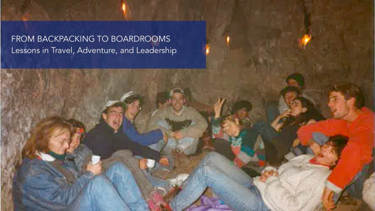 A group of young travellers gathered inside a cave on Crete at Christmas in 1992