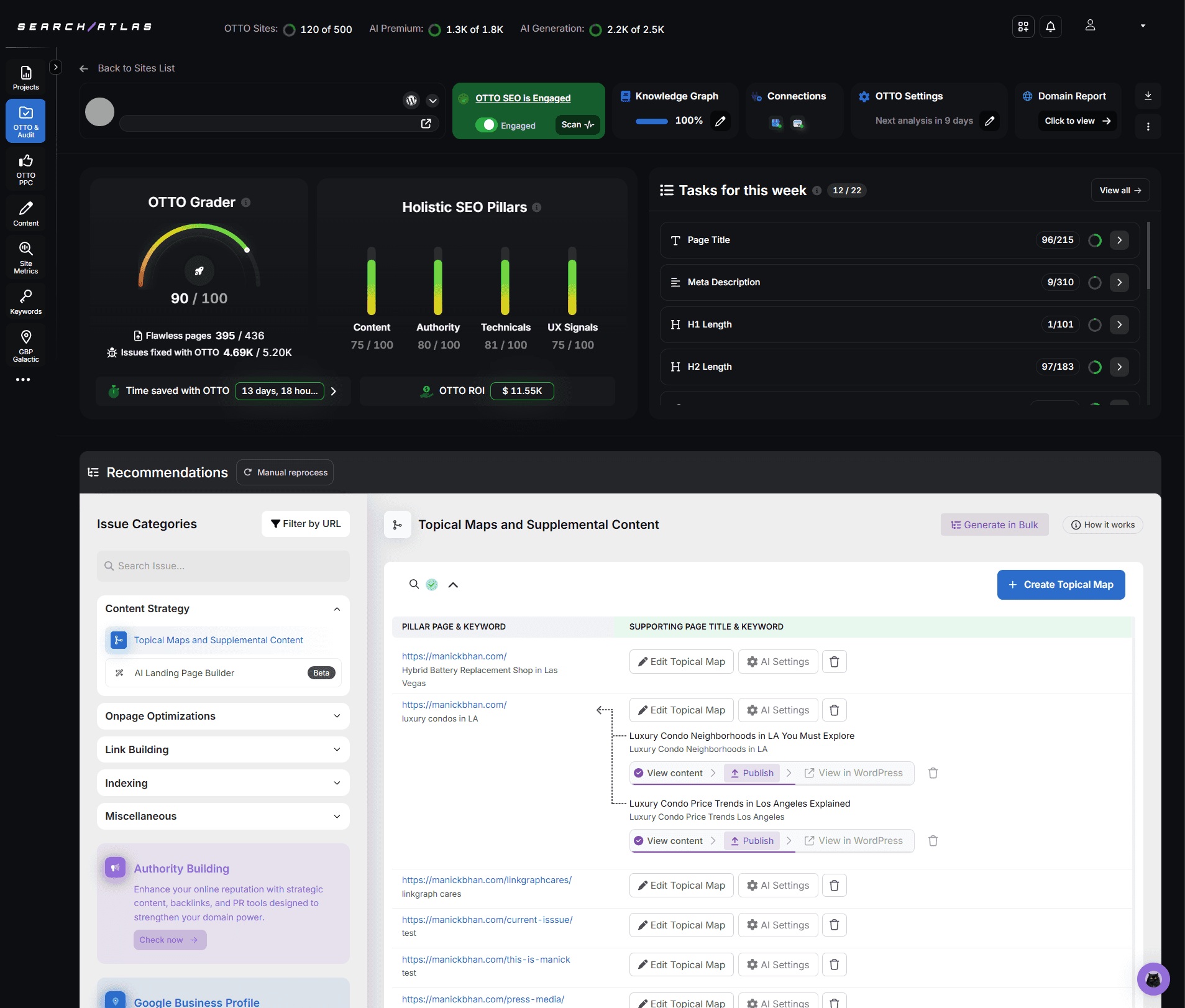 OTTO SEO dashboard displaying a website grade and optimization categories