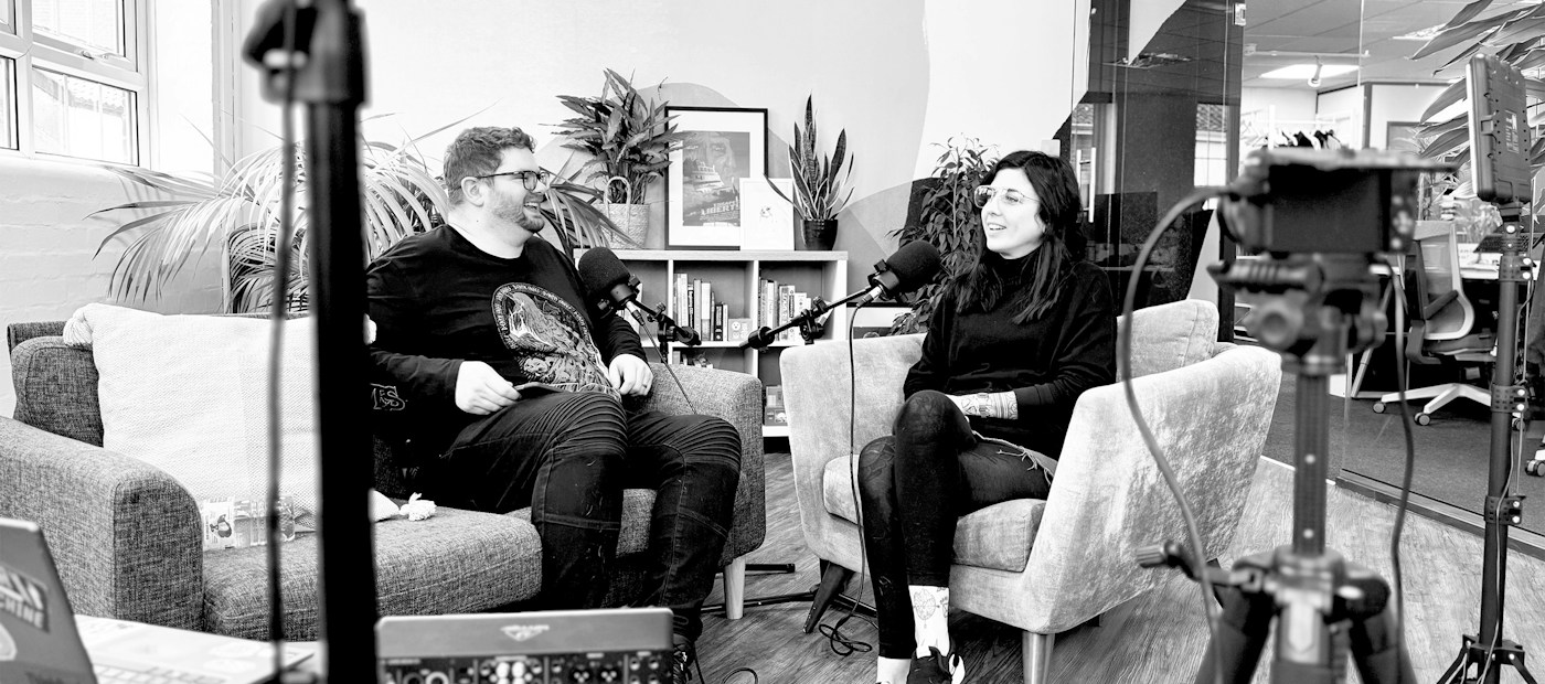 Jack Chambers-Ward and Tabby Farrar recording a conversation in Candour’s office