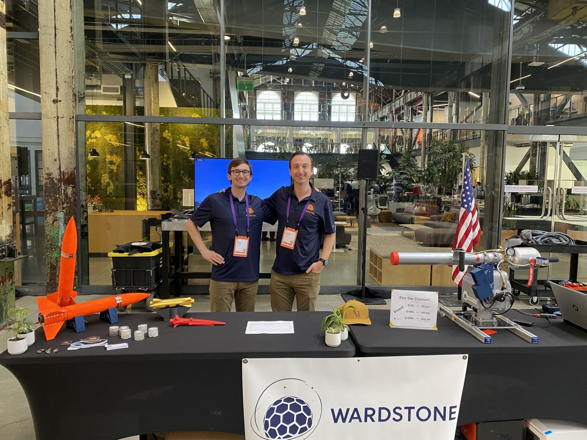 Tobias Fischer on the left and Sebastian Fischer on the right, standing behind a table of Wardstone hardware