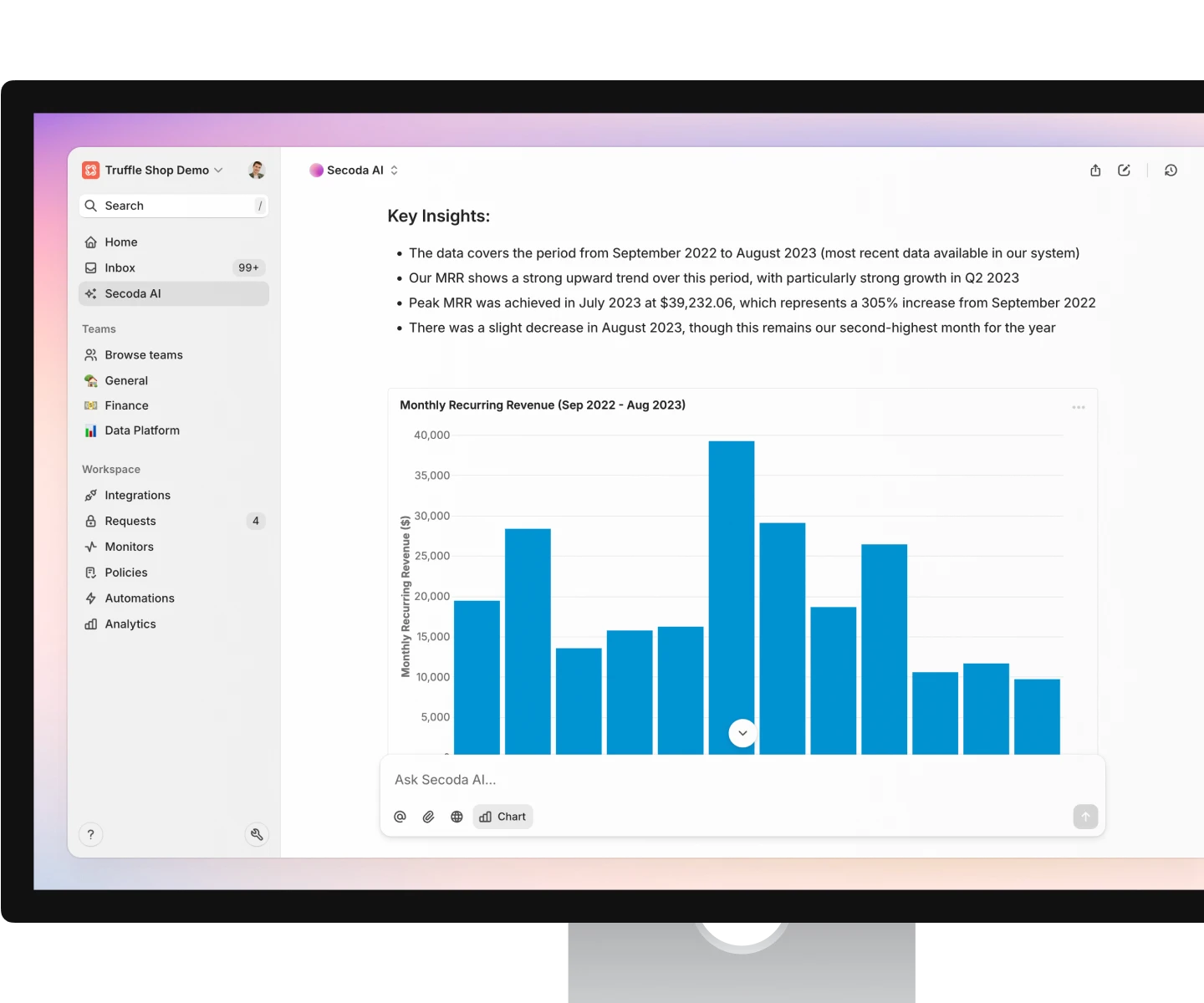 Secoda AI interface showing an analytics conversation and generated output