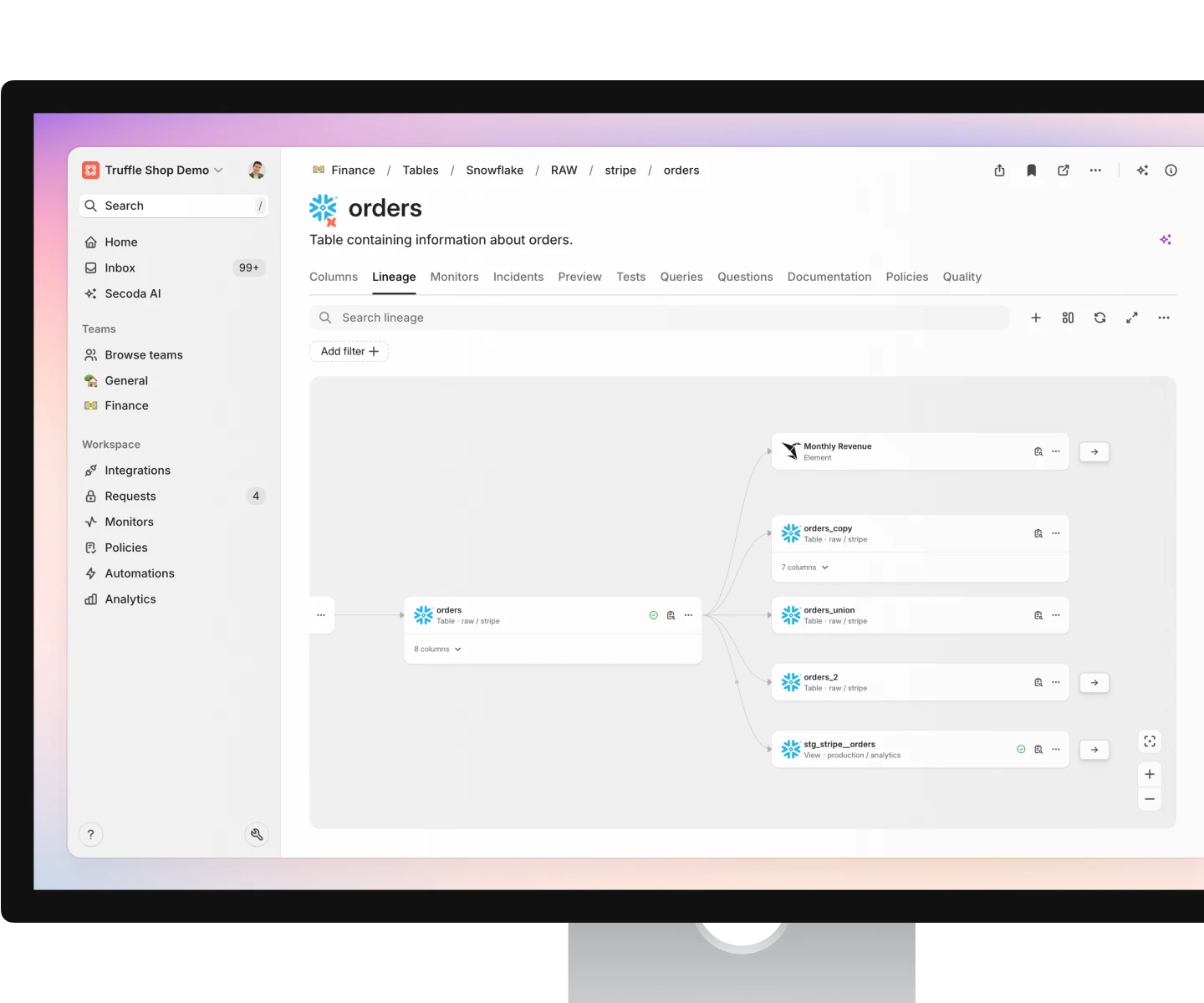 Secoda product interface visualizing data lineage between connected assets