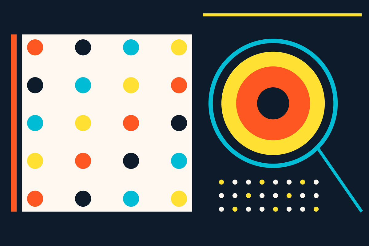 Swiss-style geometric illustration of a box of chocolates and a lollypop rendered as concentric circles