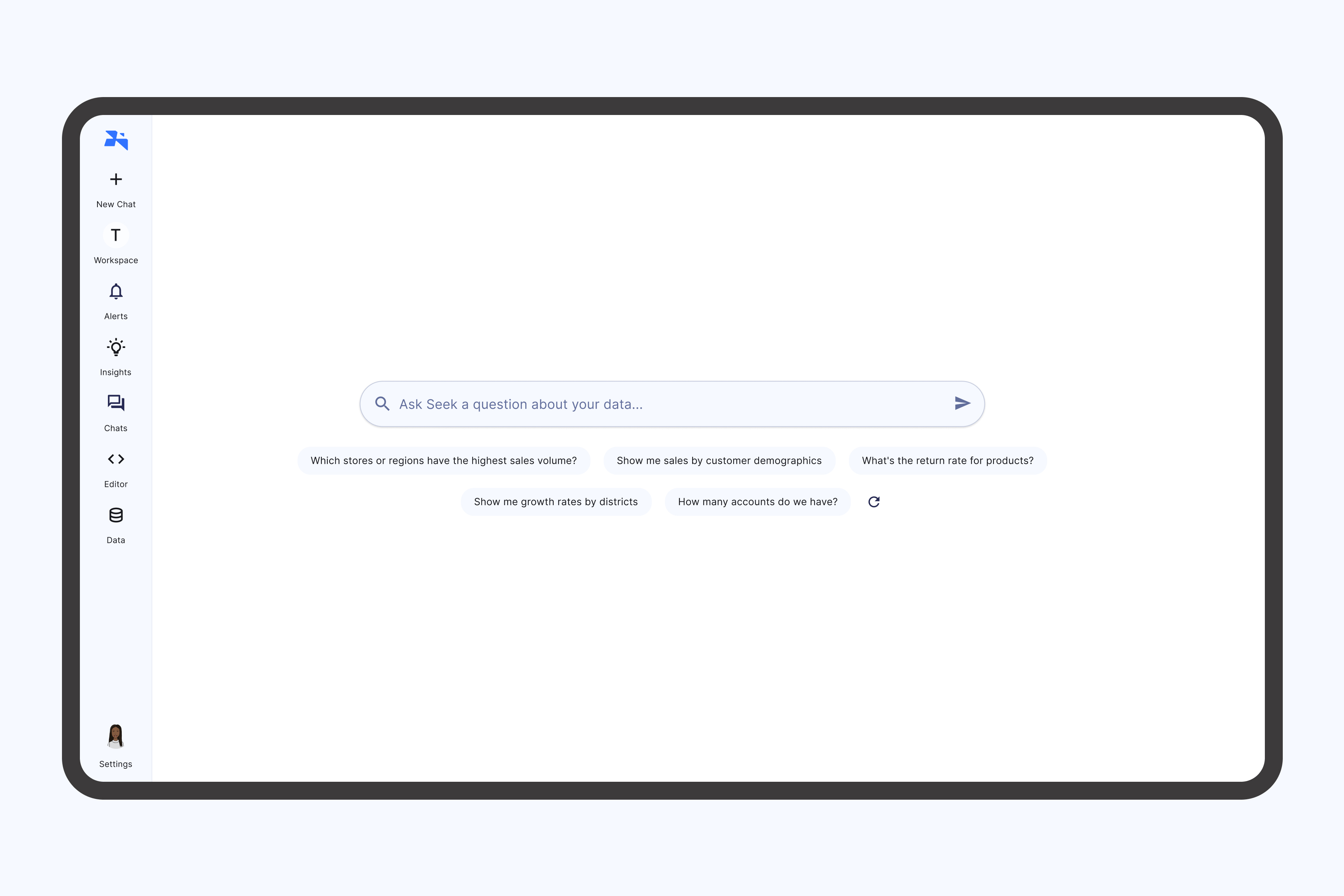 Seek AI interface with a large prompt field and suggested questions about sales, returns, and customer demographics