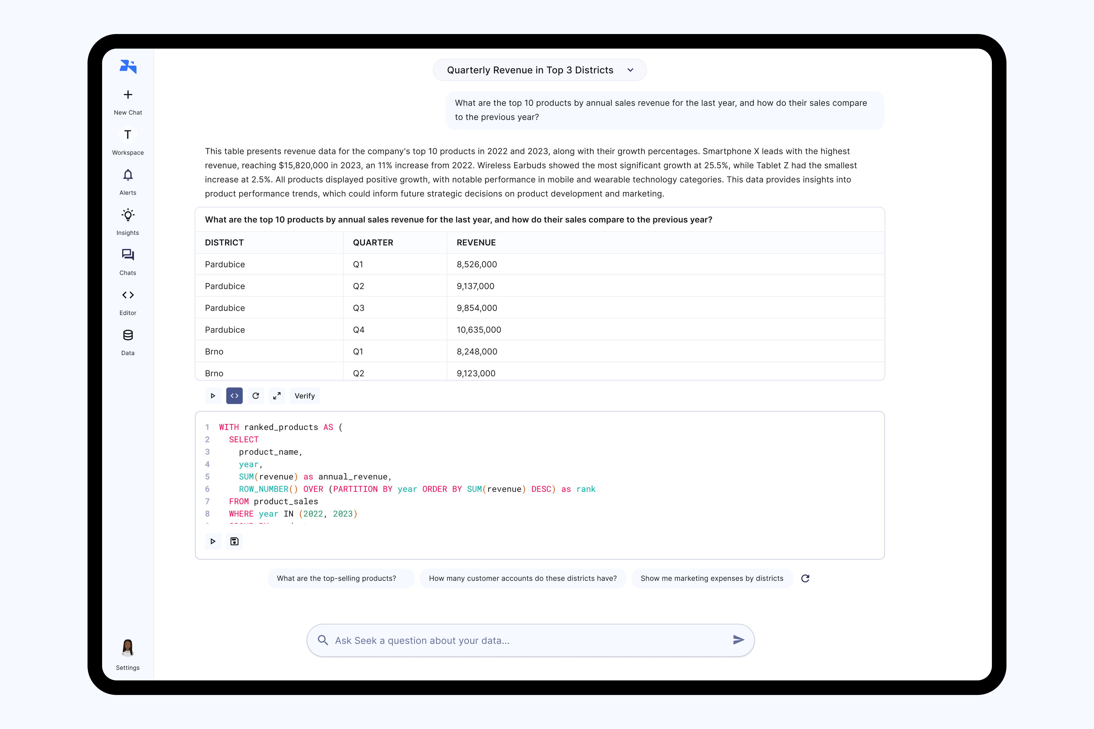 Seek AI answer view showing a natural-language explanation, data table, generated SQL, and follow-up prompts