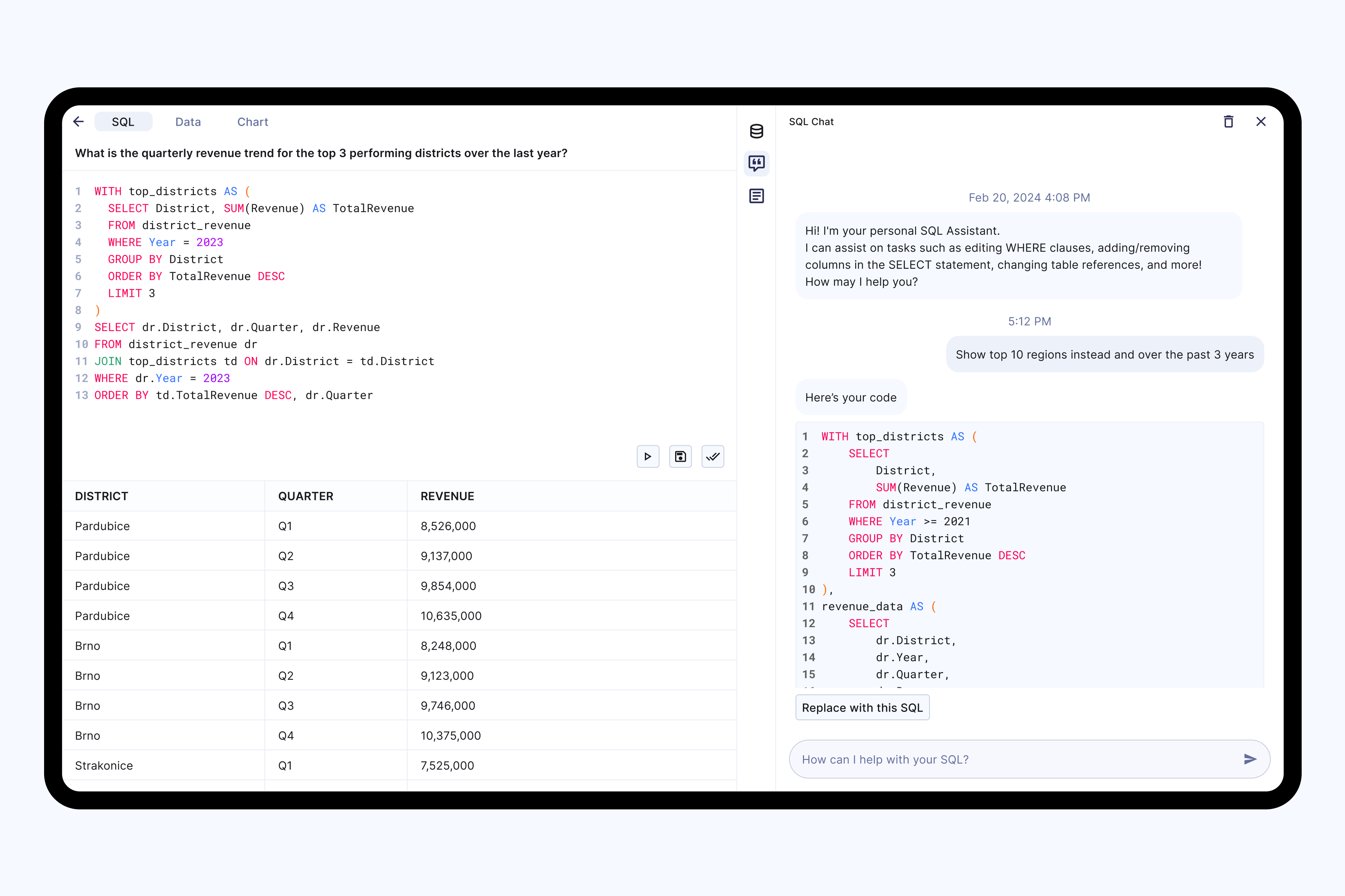 Seek AI SQL editor with query results and a conversational assistant for revising generated code
