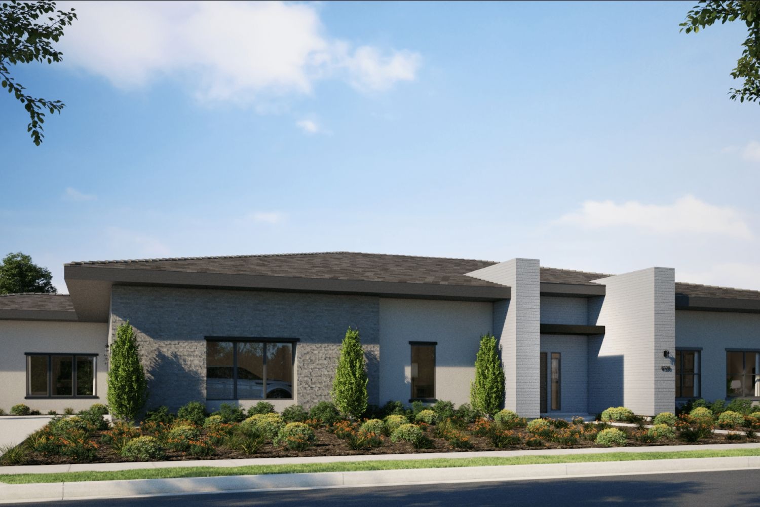 Single-story SHAWOOD home at Sommers Bend with broad windows and planted front garden