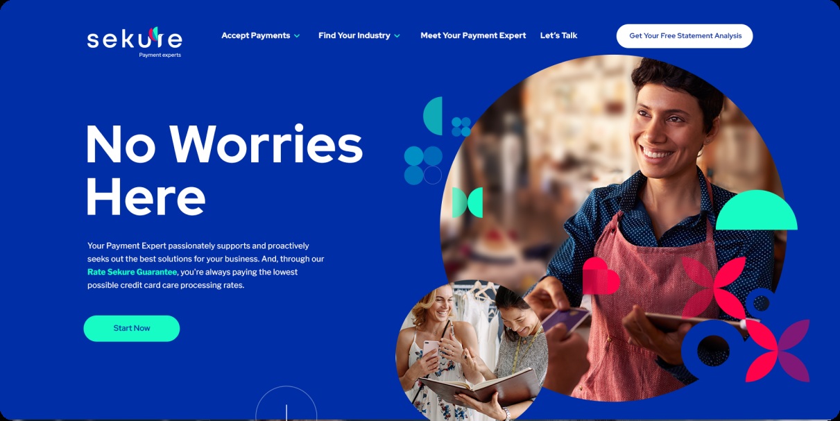 Archive Sekure website design showing merchant photography and its No Worries Here message