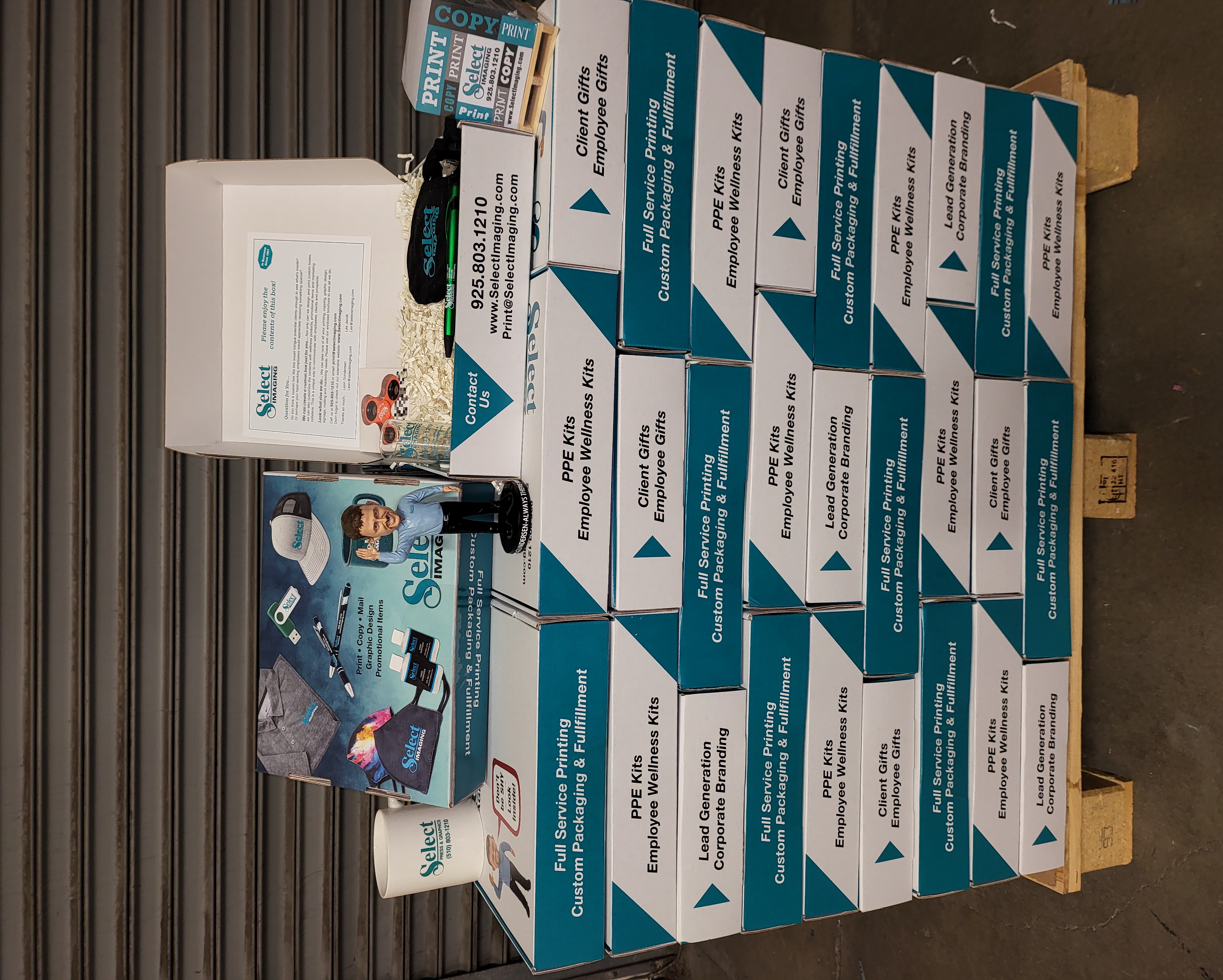 Stacked Select Imaging branded packaging boxes with sample promotional materials
