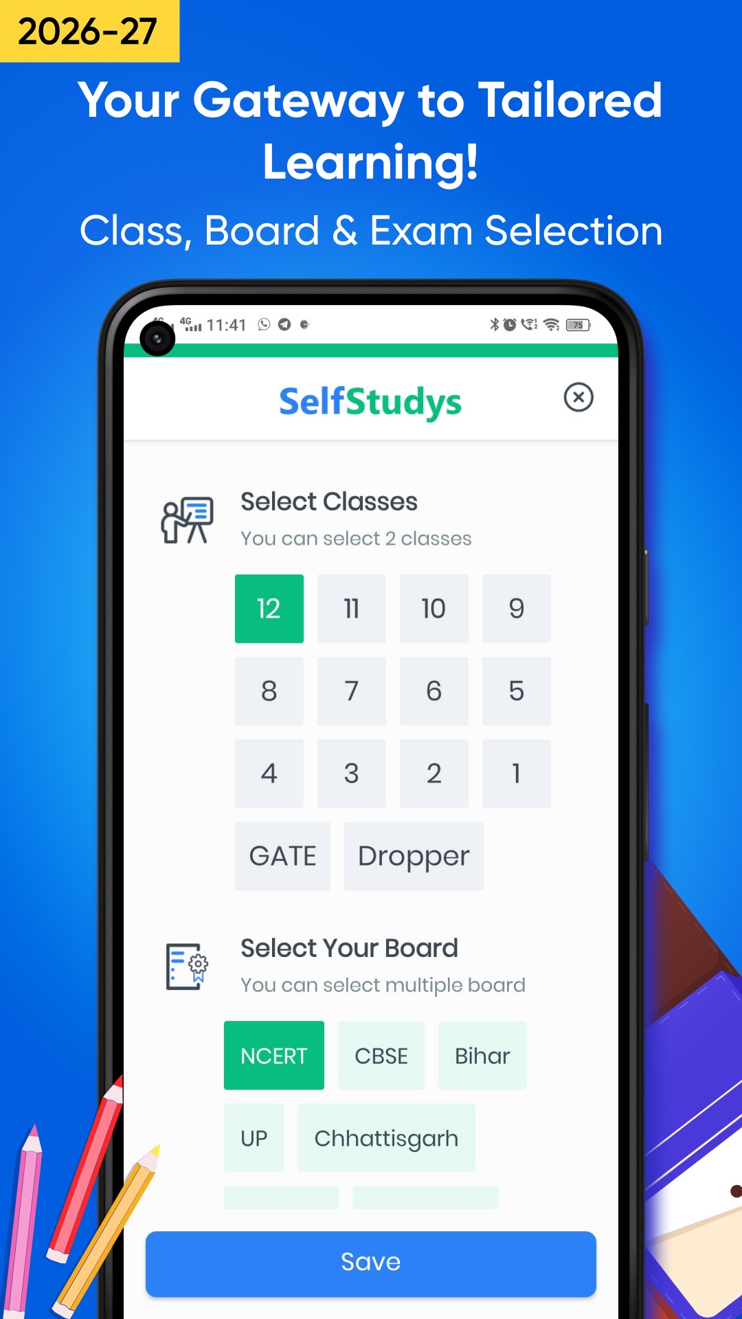 SelfStudys promotional app screen showing class and board selection
