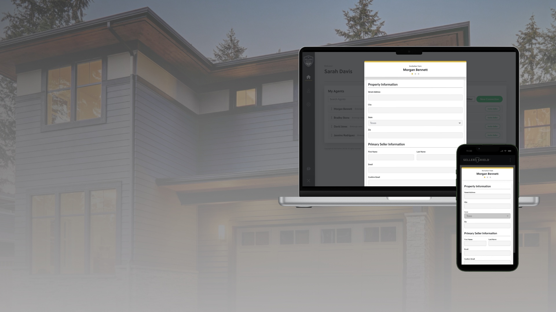 Sellers Shield product image showing a property and seller invitation form on desktop and mobile