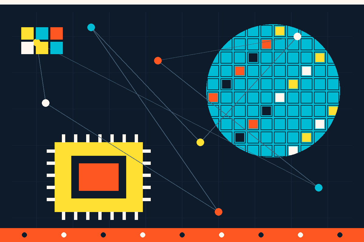 Swiss-style illustration of a silicon wafer, a chip package and a connective network