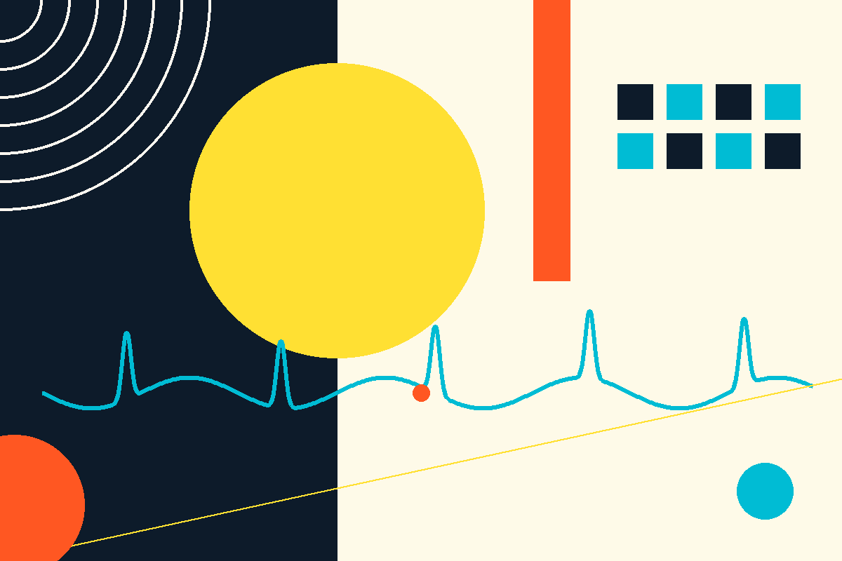 Swiss-style graphic of a pulse waveform and a coin motif